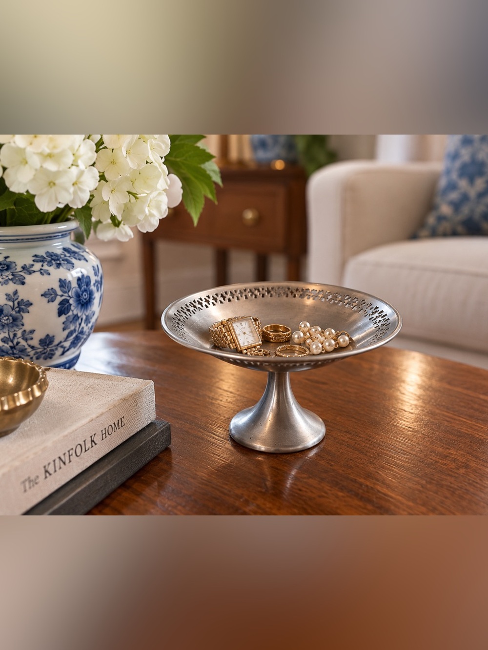 Vintage  Pewter-Style Decorative Compote Pedestal Bowl - Silver